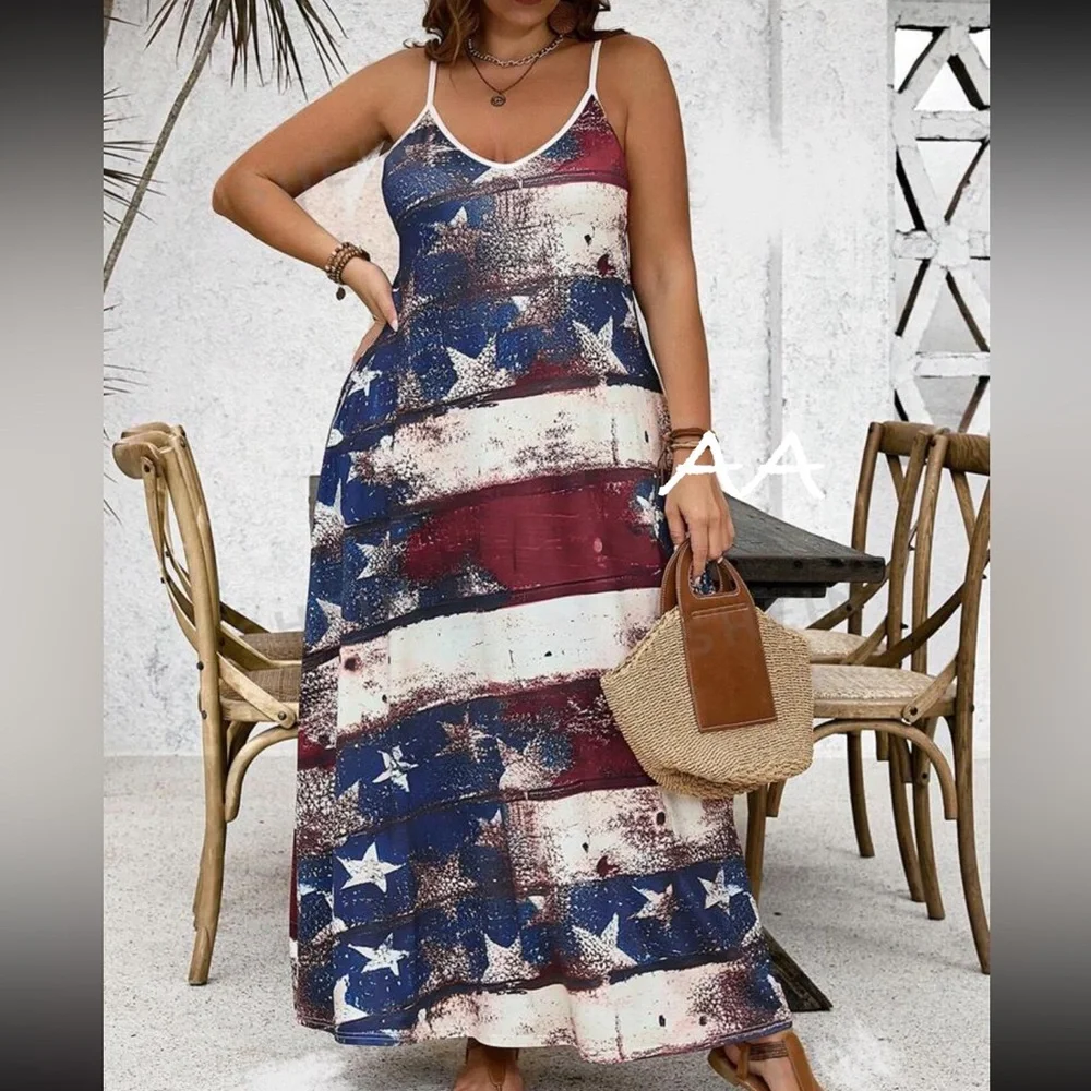 Plus Size Spaghetti Strap stars Stripes Sleeveless Tank Top Maxi Dress Pockets - Picture 2 of 4